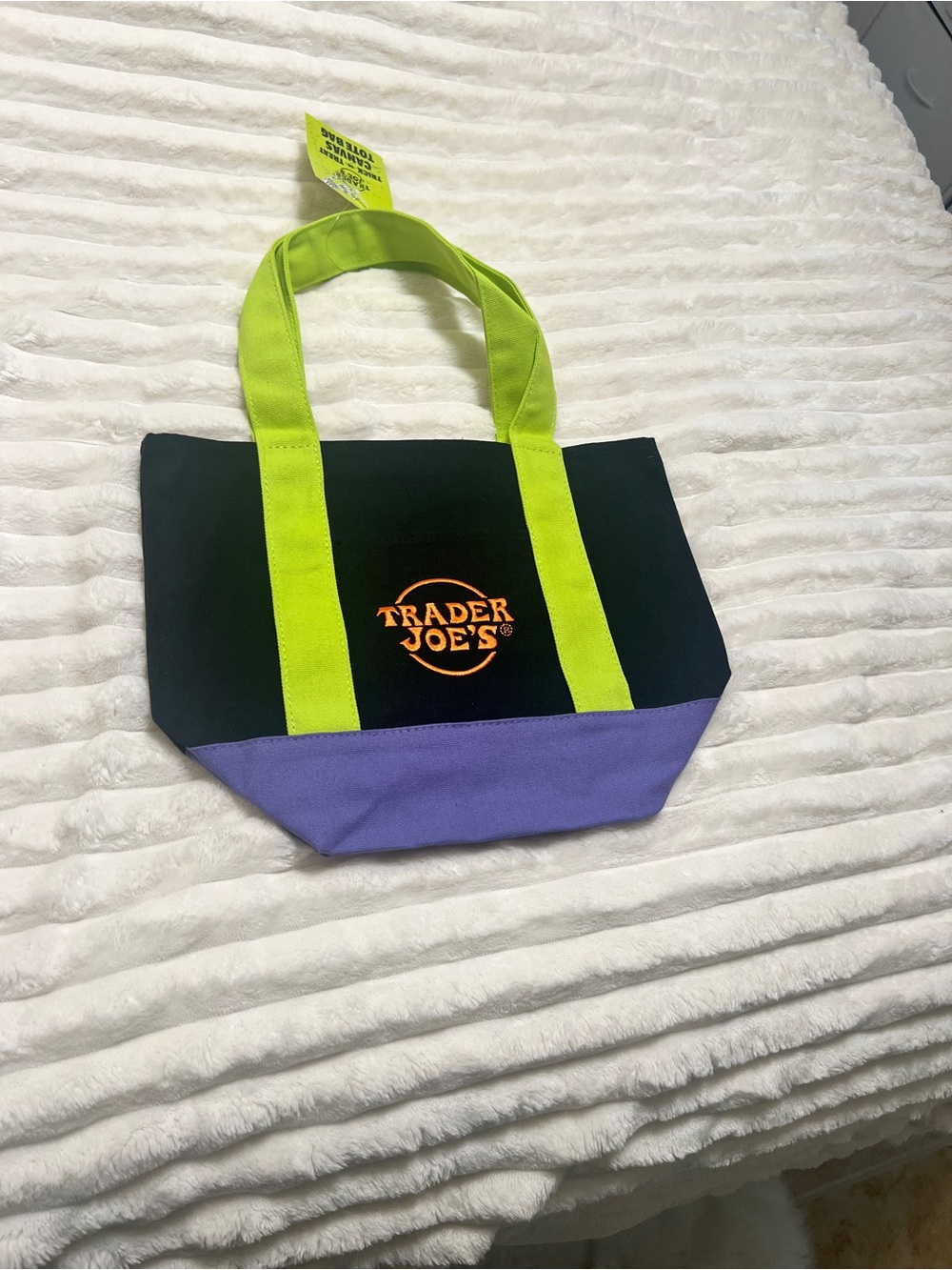 Trader Joe’s Mini Black Tote Bag with Lime Green Handles and Purple Base